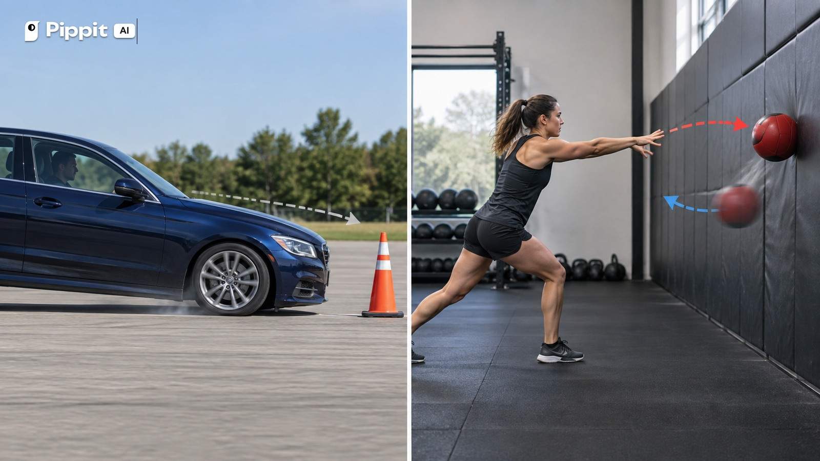 A split image shows a sedan braking and an athlete throwing a medicine ball into a wall.