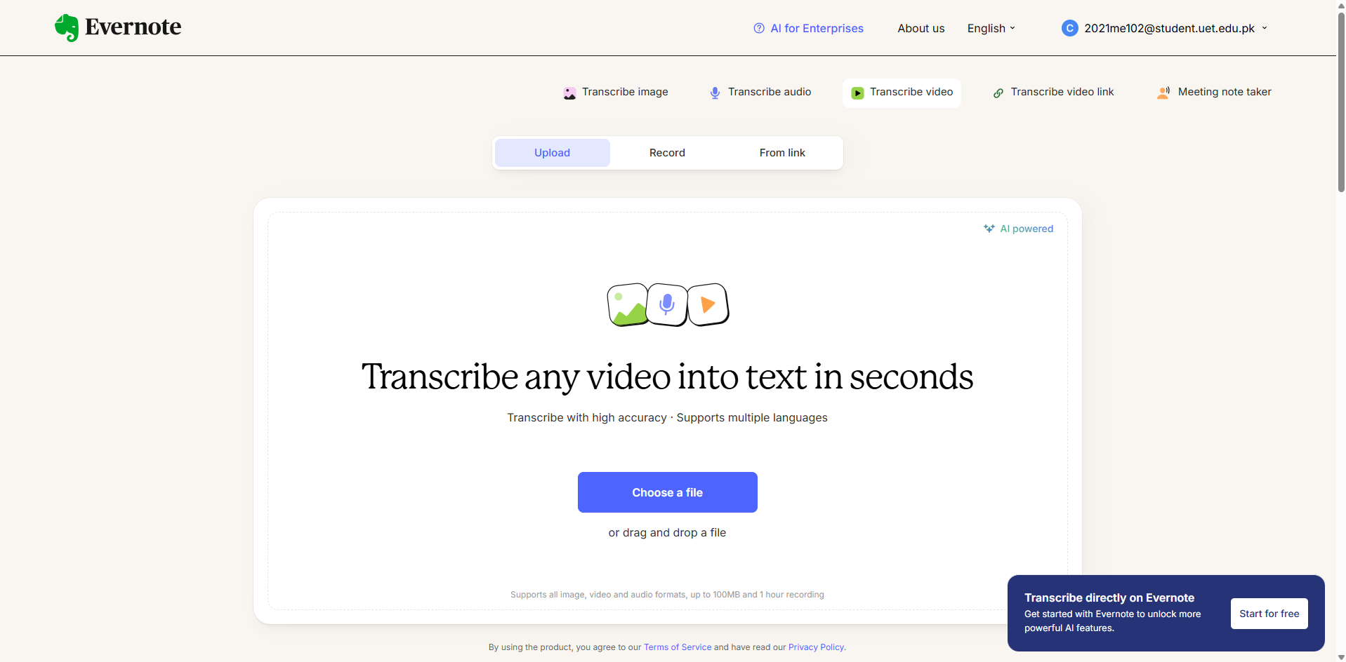 Schnittstelle von Evernote - ein perfektes KI-Videotranskriptions-Tool