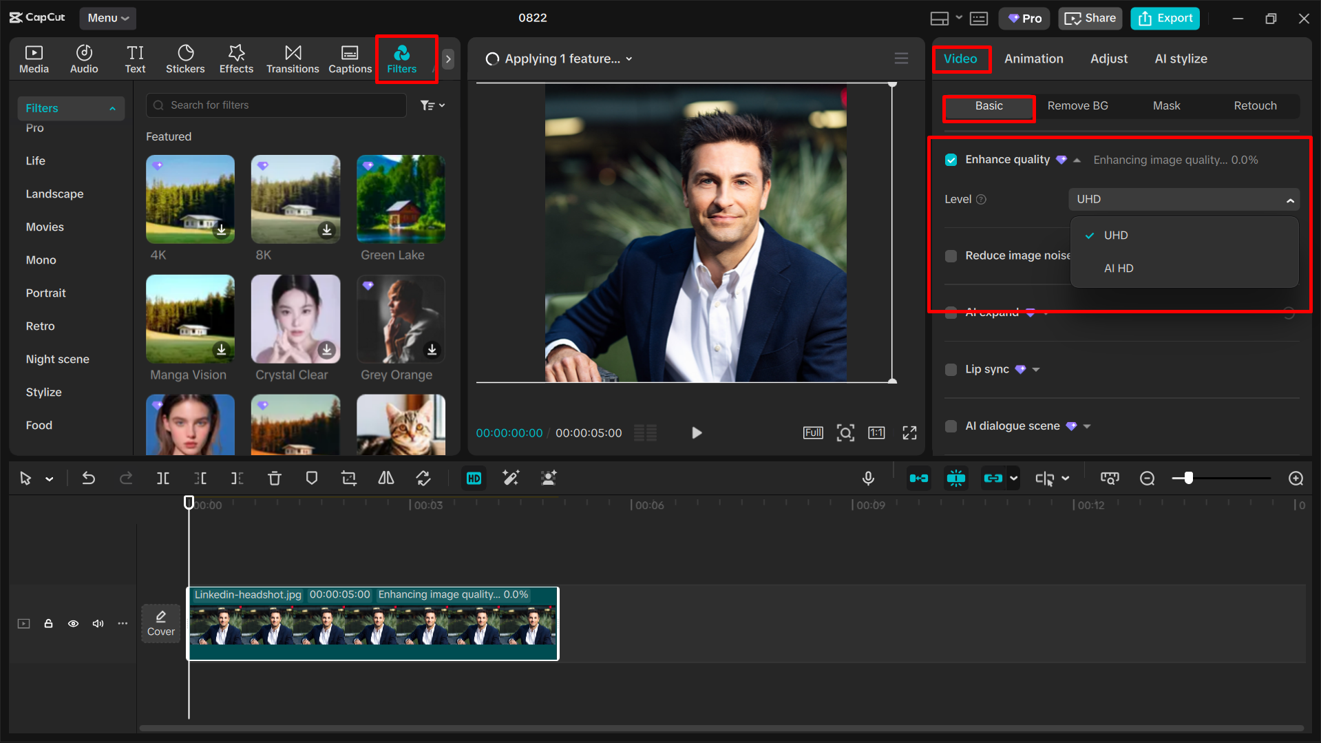 Editing and enhancing the image in the CapCut desktop video editor