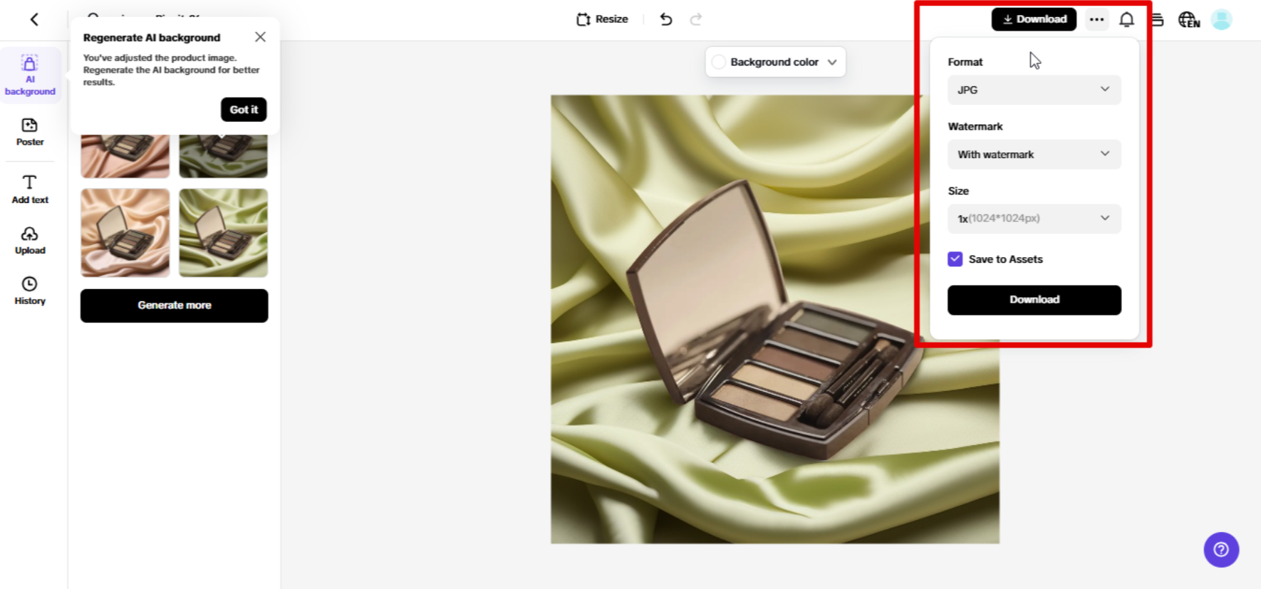 Exporting product image from Pippit