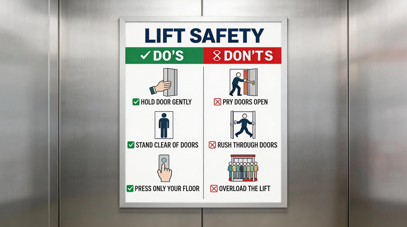 エレベーターの画像に安全ポスター