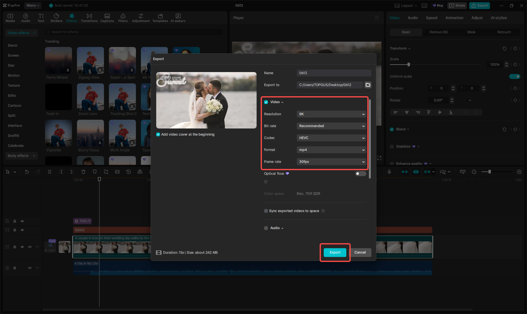 Exporting the video in CapCut