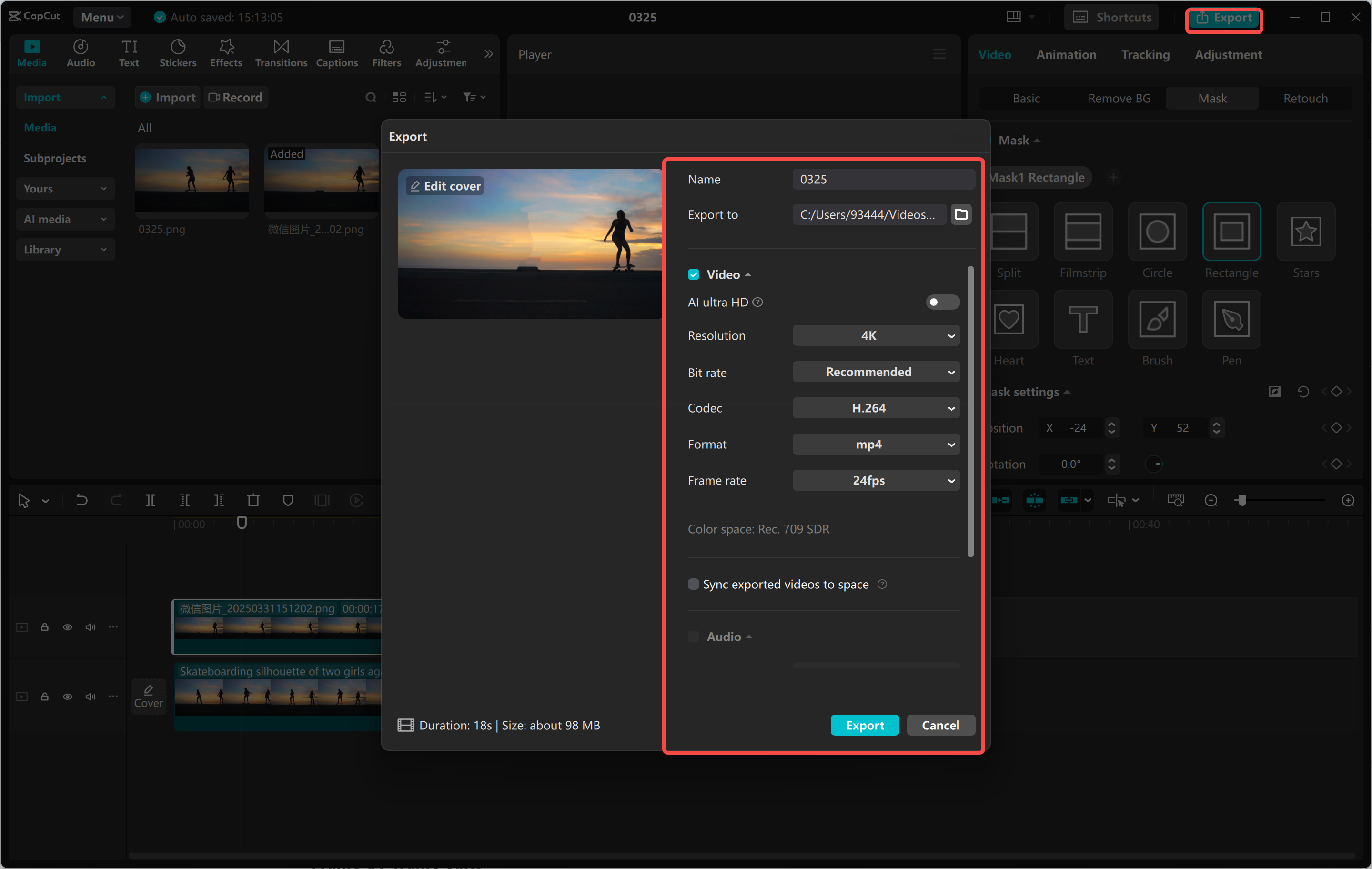 CapCut video export window with project name, resolution, file format, and frame-rate settings