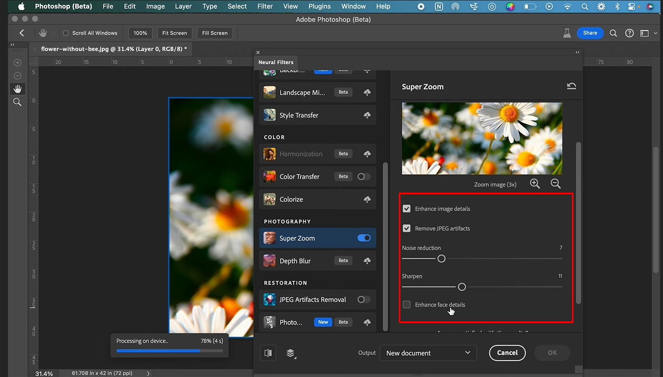 Apply the filter to increase resolution in Photoshop