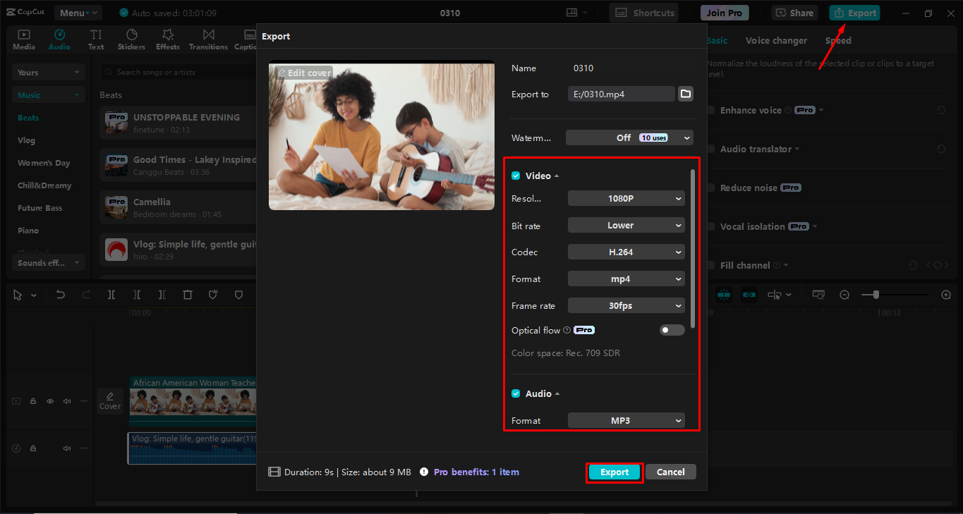Exporting video from the CapCut desktop video editor