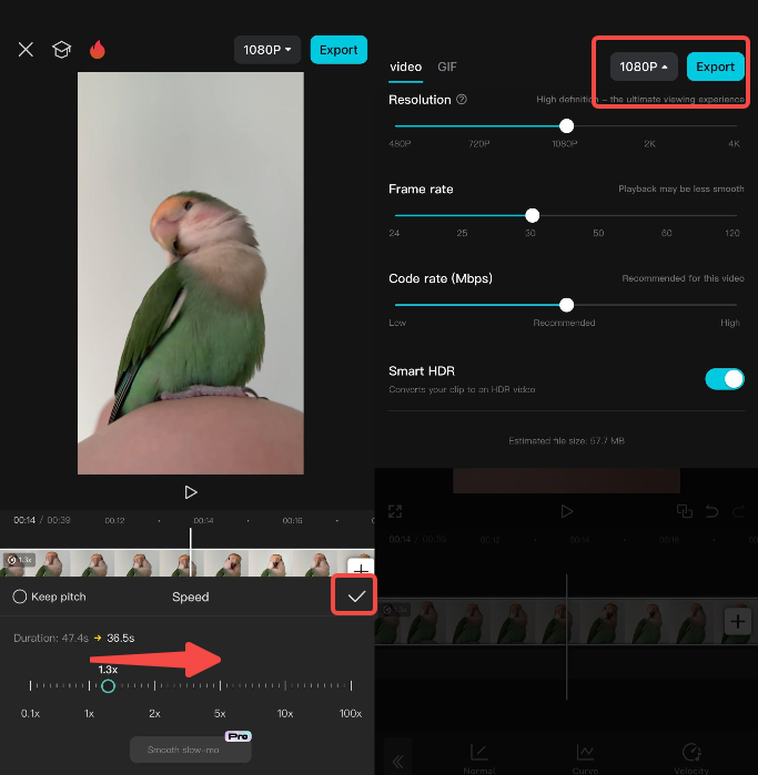 Increase the video speed and export it from the CapCut mobile app