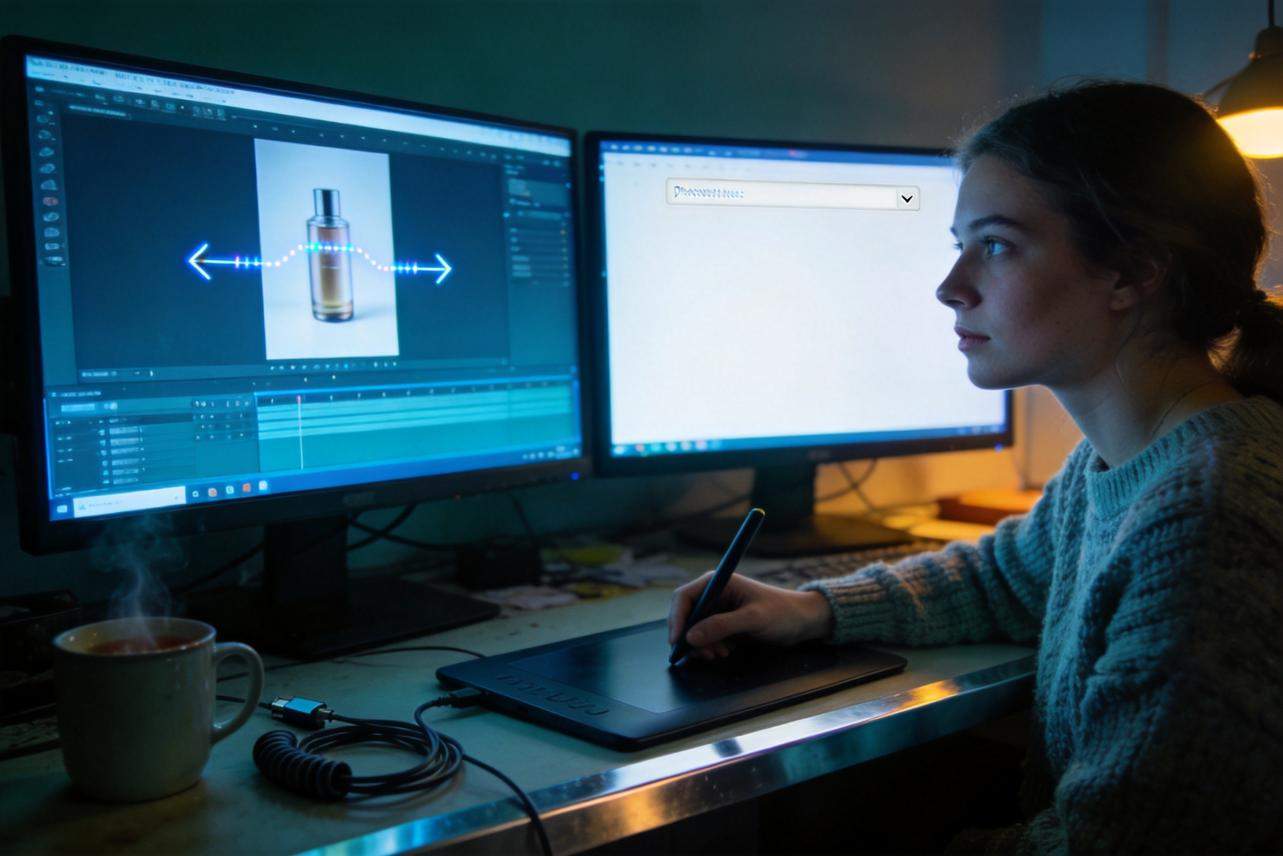 Woman editing a product image on dual monitors with an arrow graphic showing motion