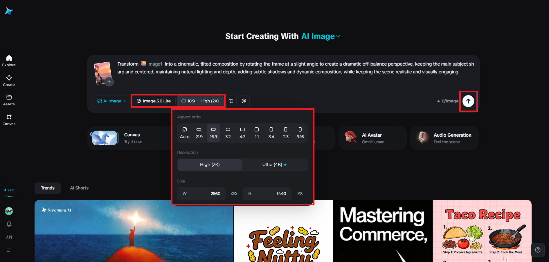 Select Seedream 5.0 and adjust settings