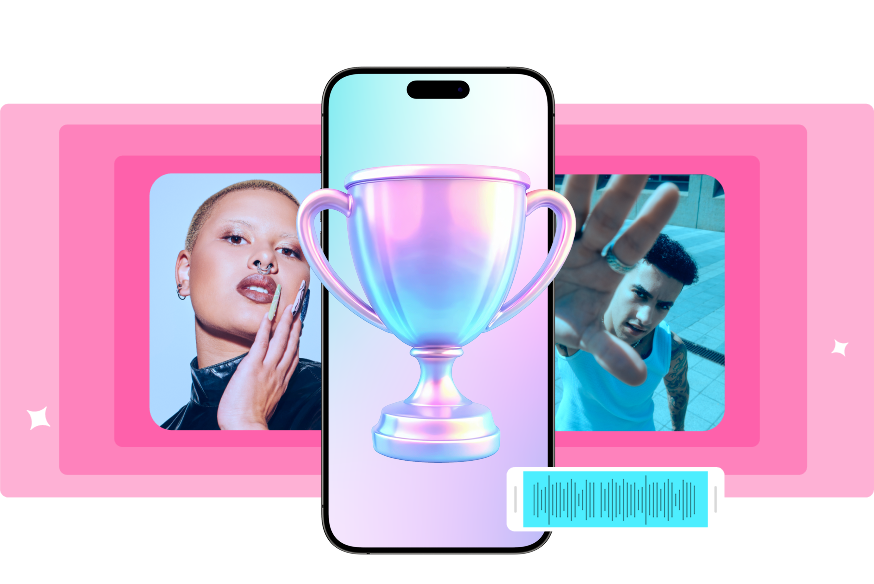 Advance editing features within the app interface, maybe icons that represent a strong community and another icon that represents top earnings (cash)