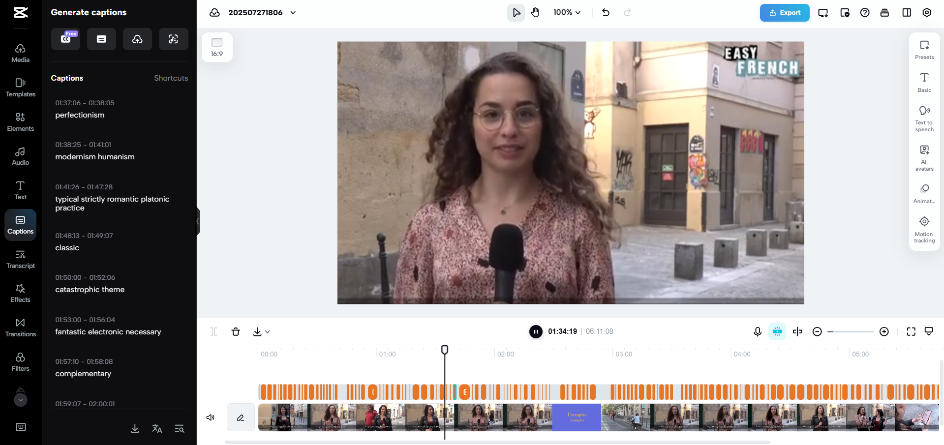 Interface de CapCut Web - un moyen rapide de convertir l'audio français en texte anglais dans des vidéos
