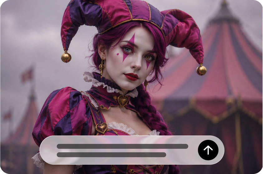 A side-by-side image showing an edited picture in Dreamina and stock photo options with clown filter effects applied