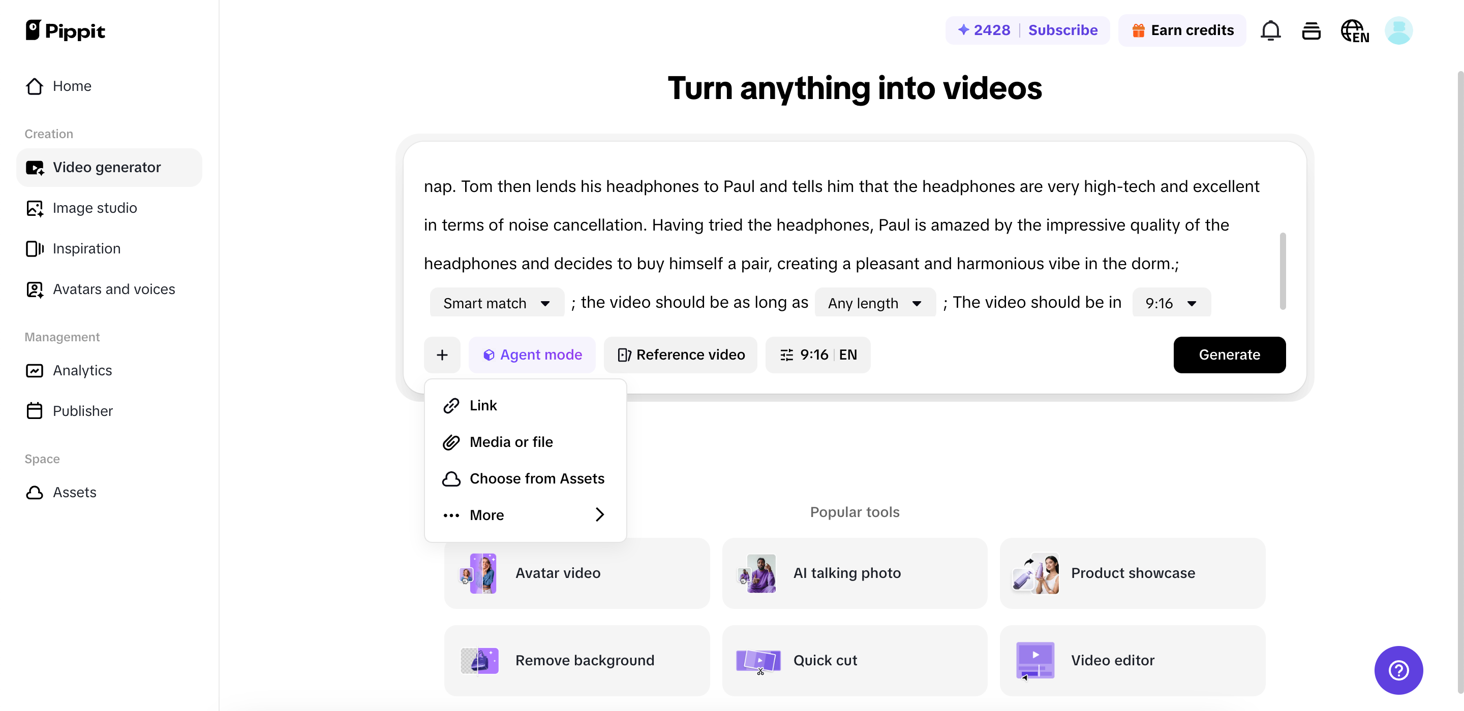 Gerando vídeo com Pippit