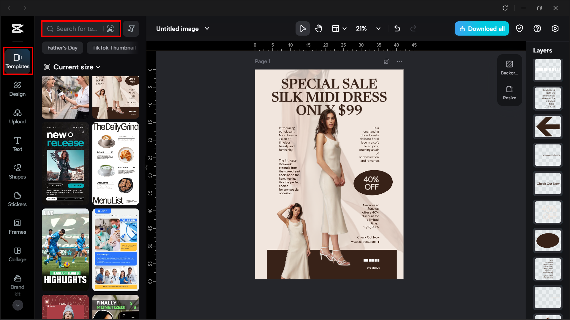 Searching for a specific poster template in the CapCut desktop video editor