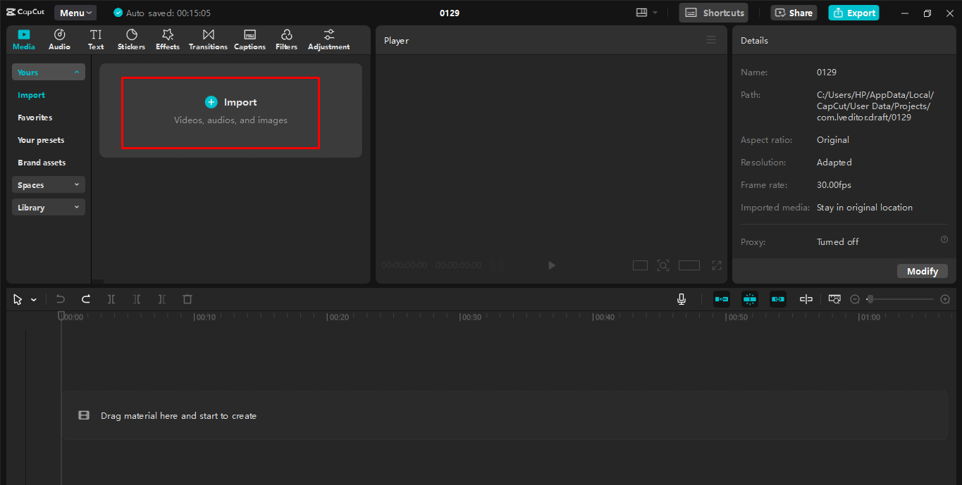 Importul video în editorul video CapCut desktop