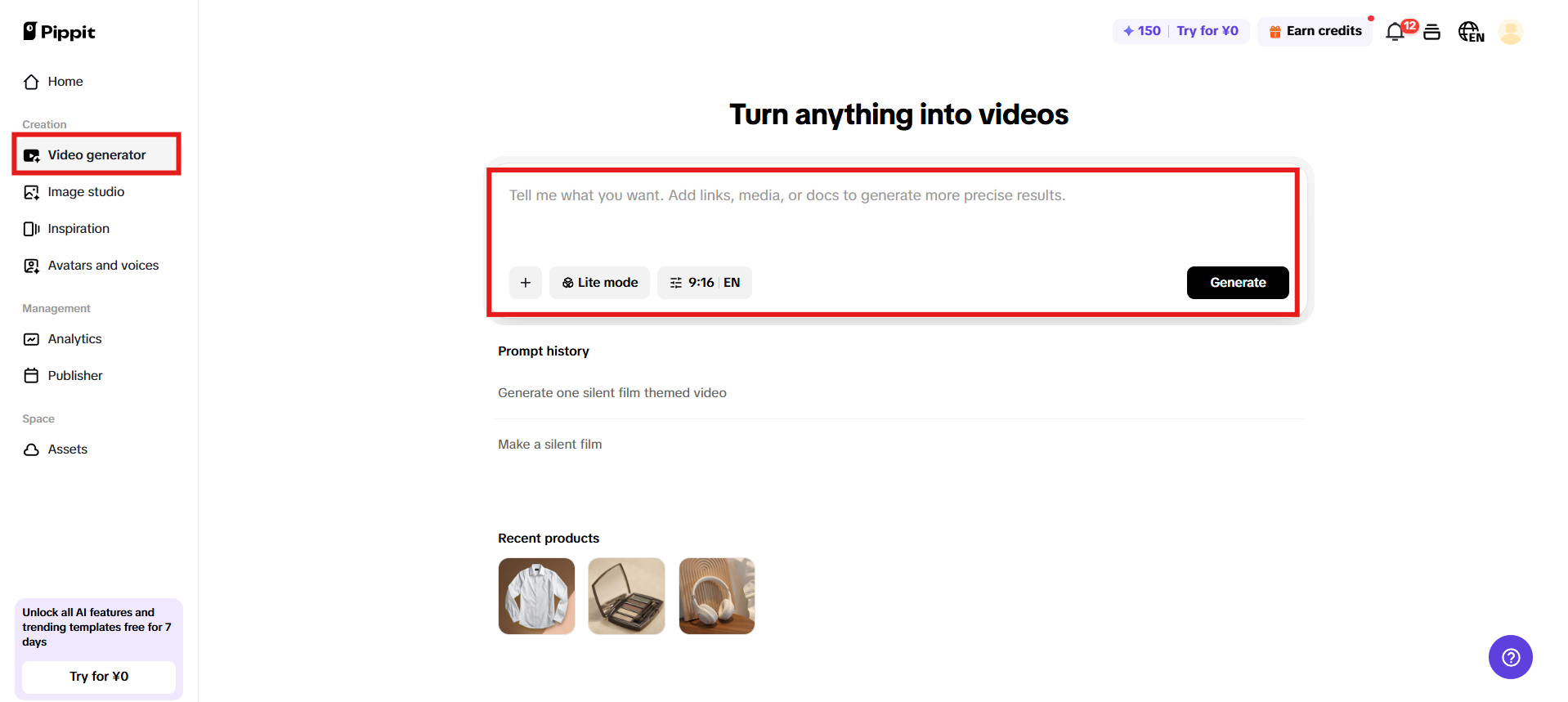 Truy cập vào trình tạo video AI.