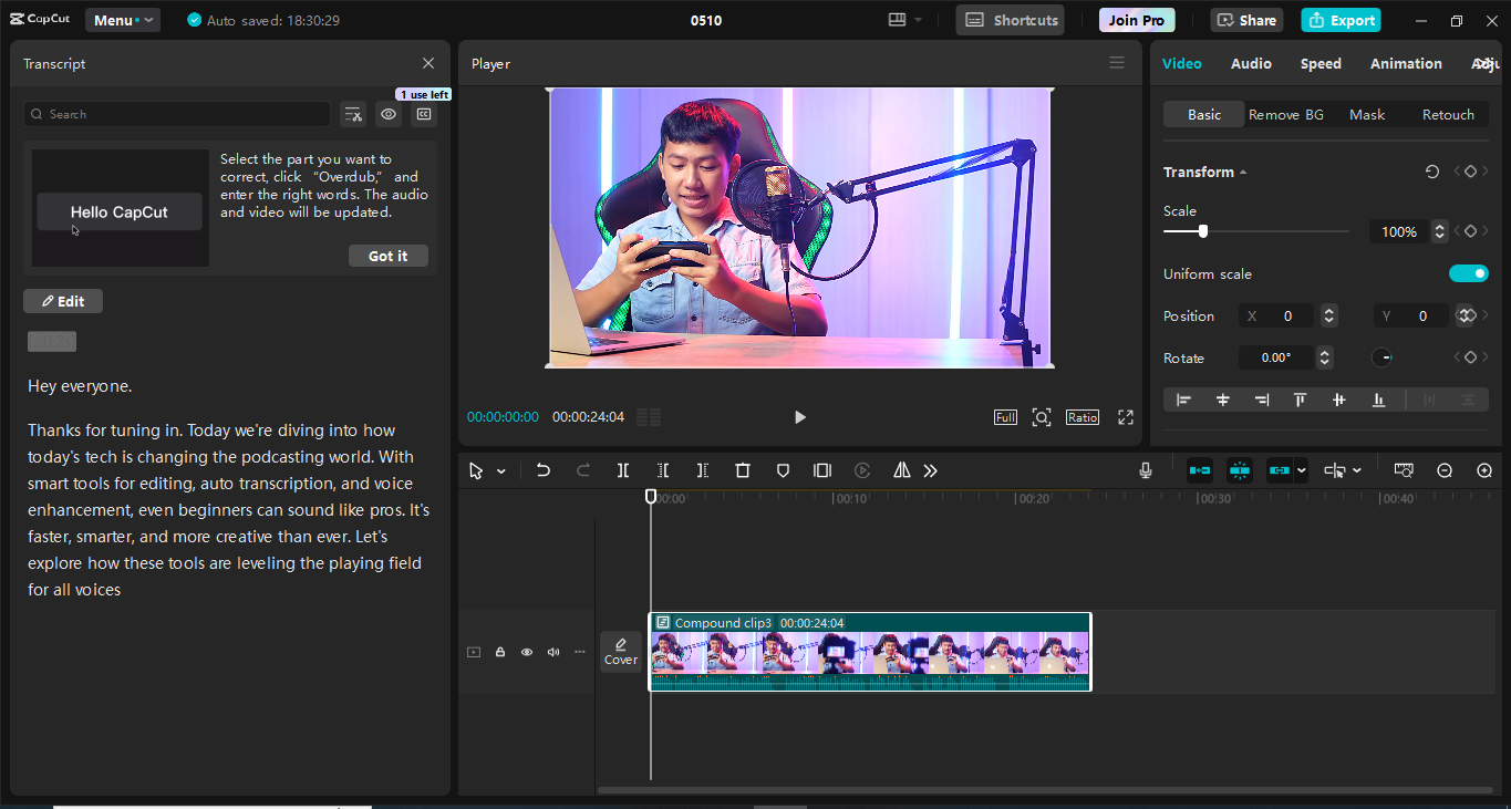 Editing interface of the CapCut desktop video editor - a perfect tool for transcribing videos for free