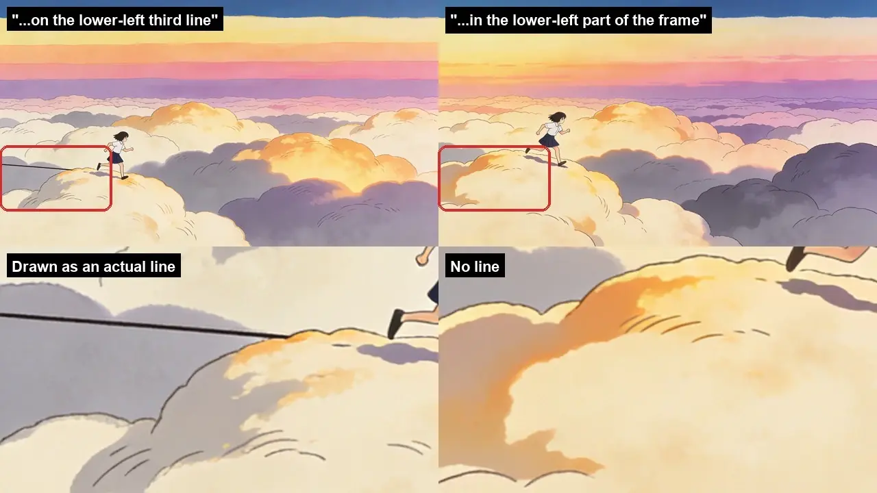 Side-by-side animation frames showing a girl on clouds, with a line drawn versus no line.