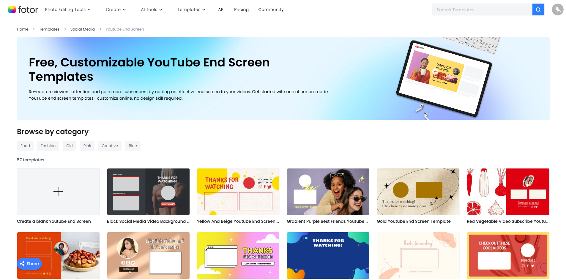 Interface of Fotor - the perfect tool to edit YouTube end screen templates