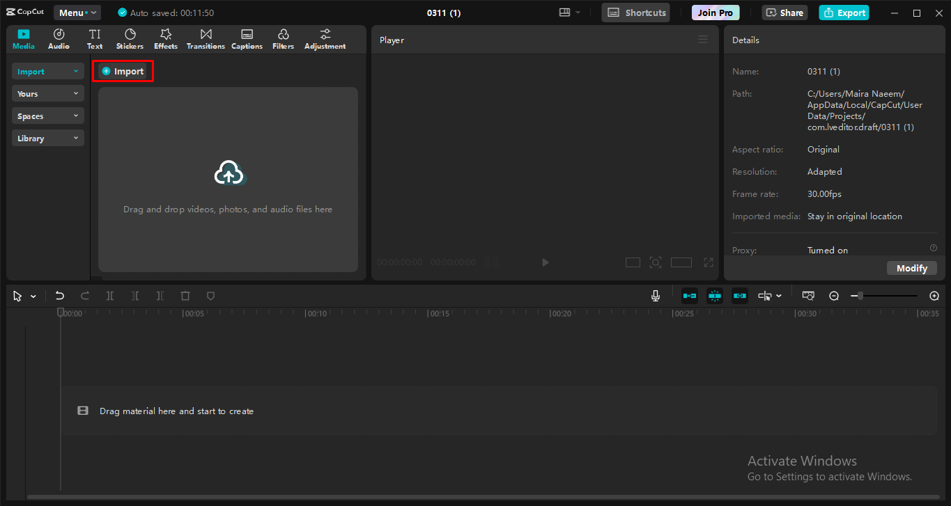 استيراد فيديو أو صوت إلى محرر فيديو سطح المكتب CapCut