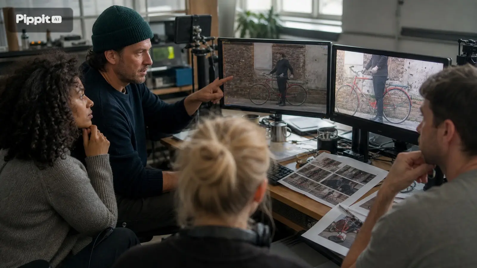 A equipe de filmagem analisa as cenas de bicicleta em monitores duplos durante uma reunião de planejamento.