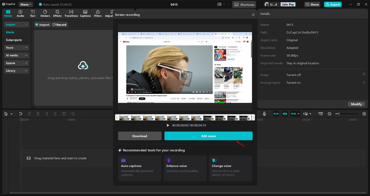 Recording screen with the CapCut desktop video editor