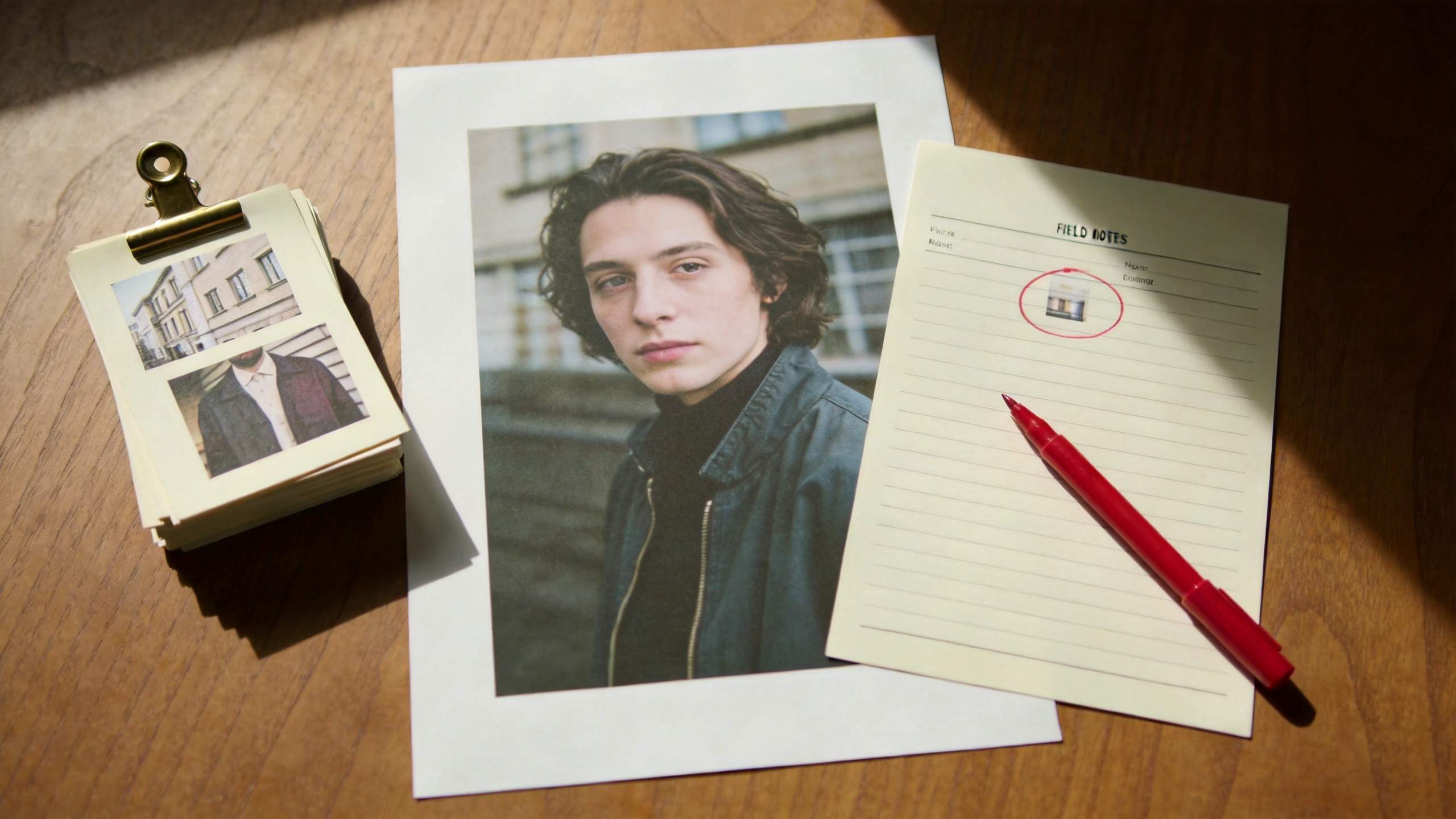 Polaroid-style portrait on a desk with a notepad circled in red and a red pen beside it