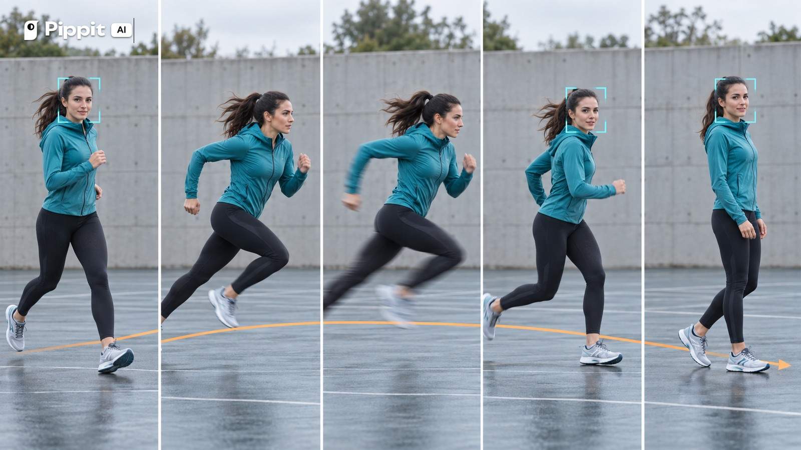 Five frames show an adult runner accelerating, reaching peak speed, recovering, and stopping with stable identity.