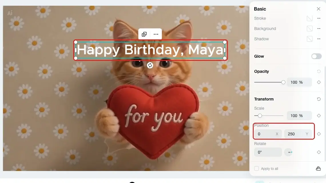 Orange kitten holding a red heart that says "for you" with "Happy Birthday, Maya" text above