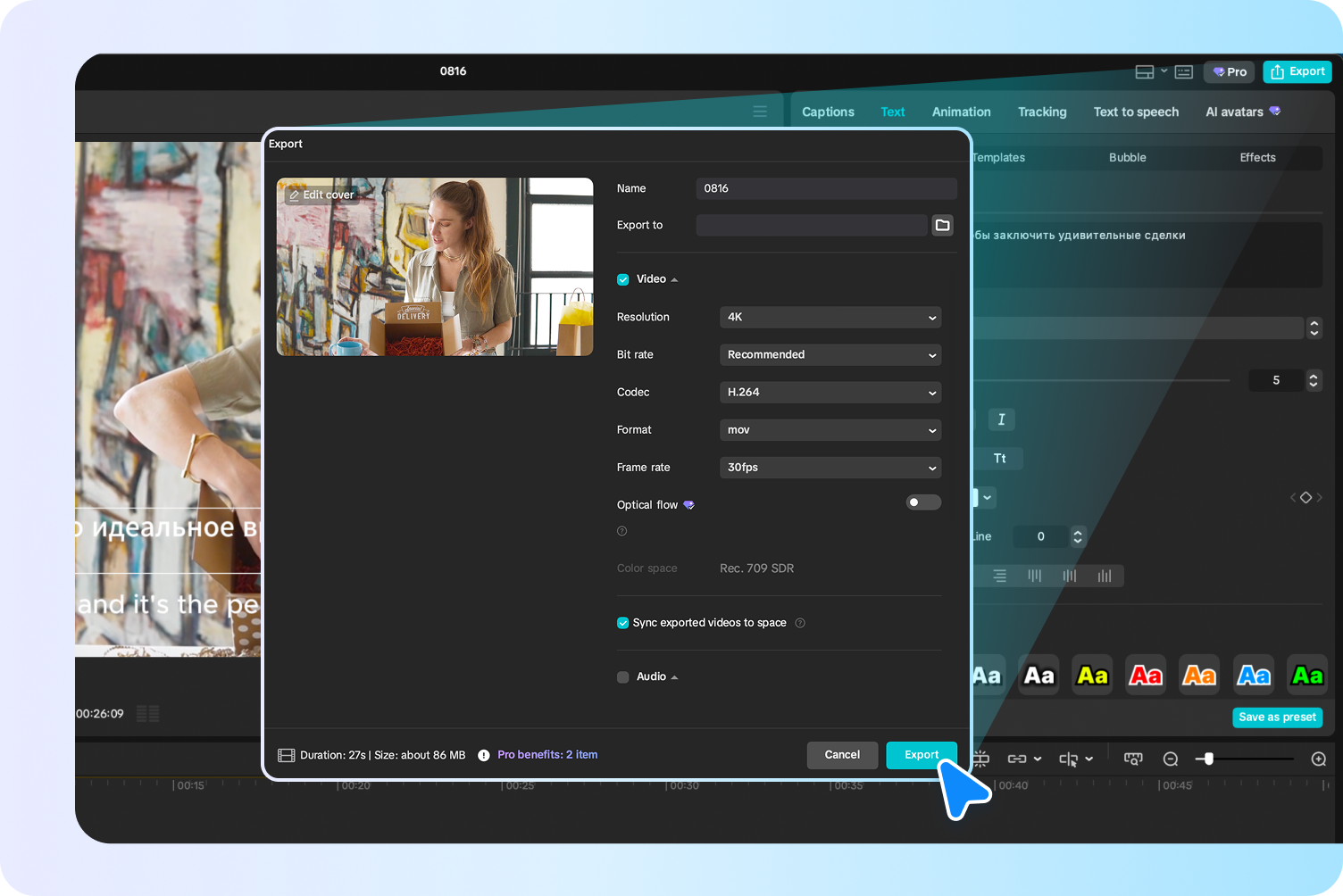 Exporting translated video from CapCut's Russian to English translation tool