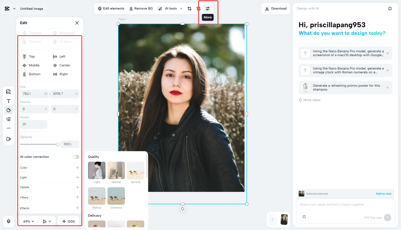 Adjust color, light, and more in the image