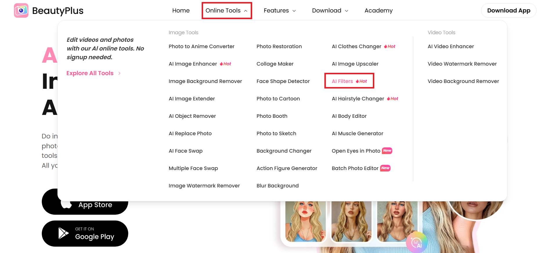 เปิดเครื่องมือ AI Filters บน BeautyPlus