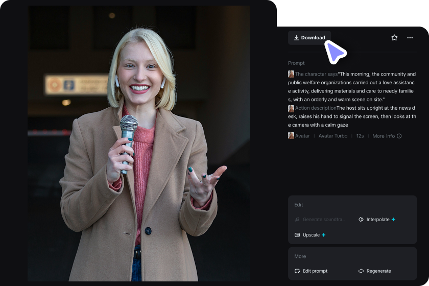 Reviewing and downloading the generated AI news video from Dreamina
