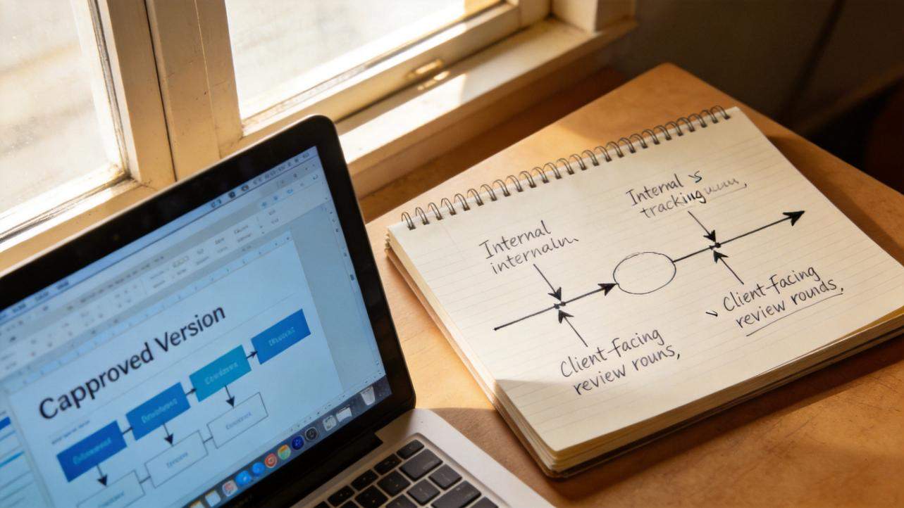 Laptop showing approved version flowchart beside notebook sketch of internal and client review rounds