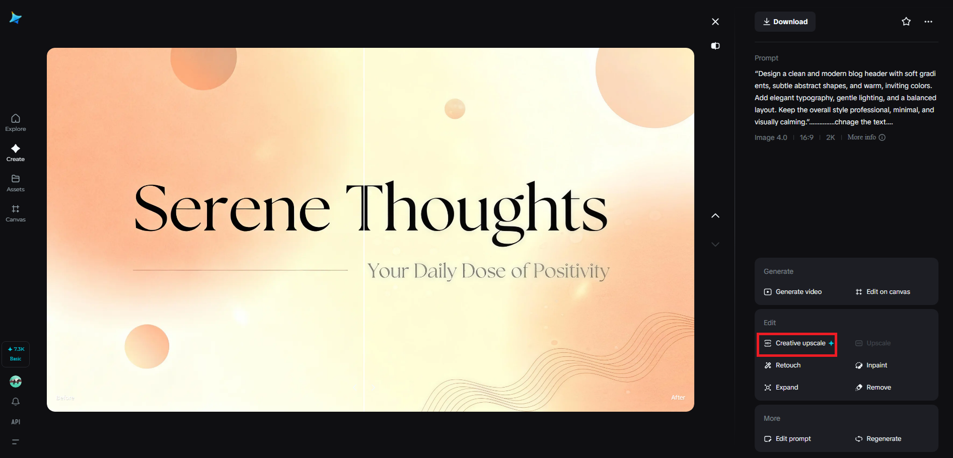 Creative upscale feature in Dreamina