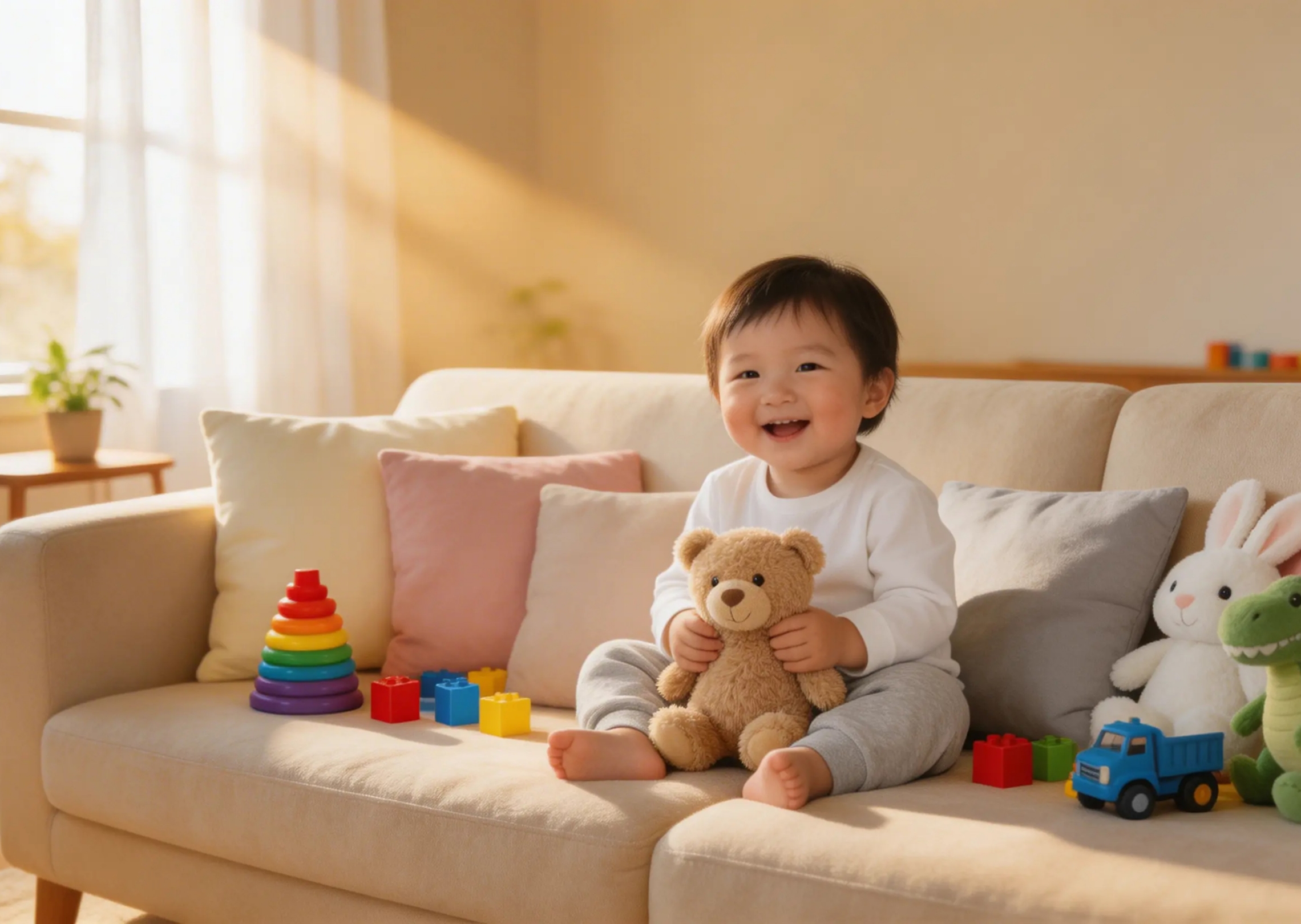 Generate an image of an adorable toddler sitting on a living room sofa