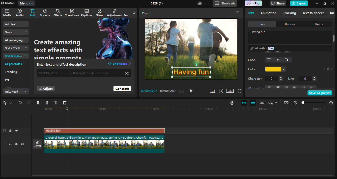 Antarmuka editor video desktop CapCut - alat terbaik untuk menambahkan teks yang menarik ke gambar