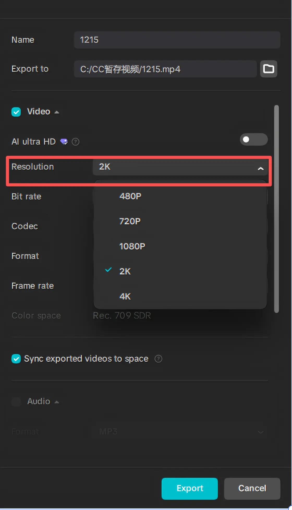 Keupayaan resolusi 2K / 4K dalam klien CapCut