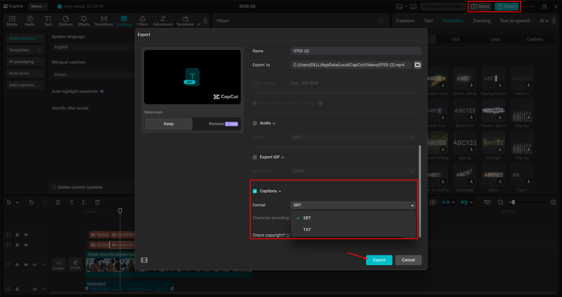 Exporting subtitles from a video with the CapCut desktop video editor