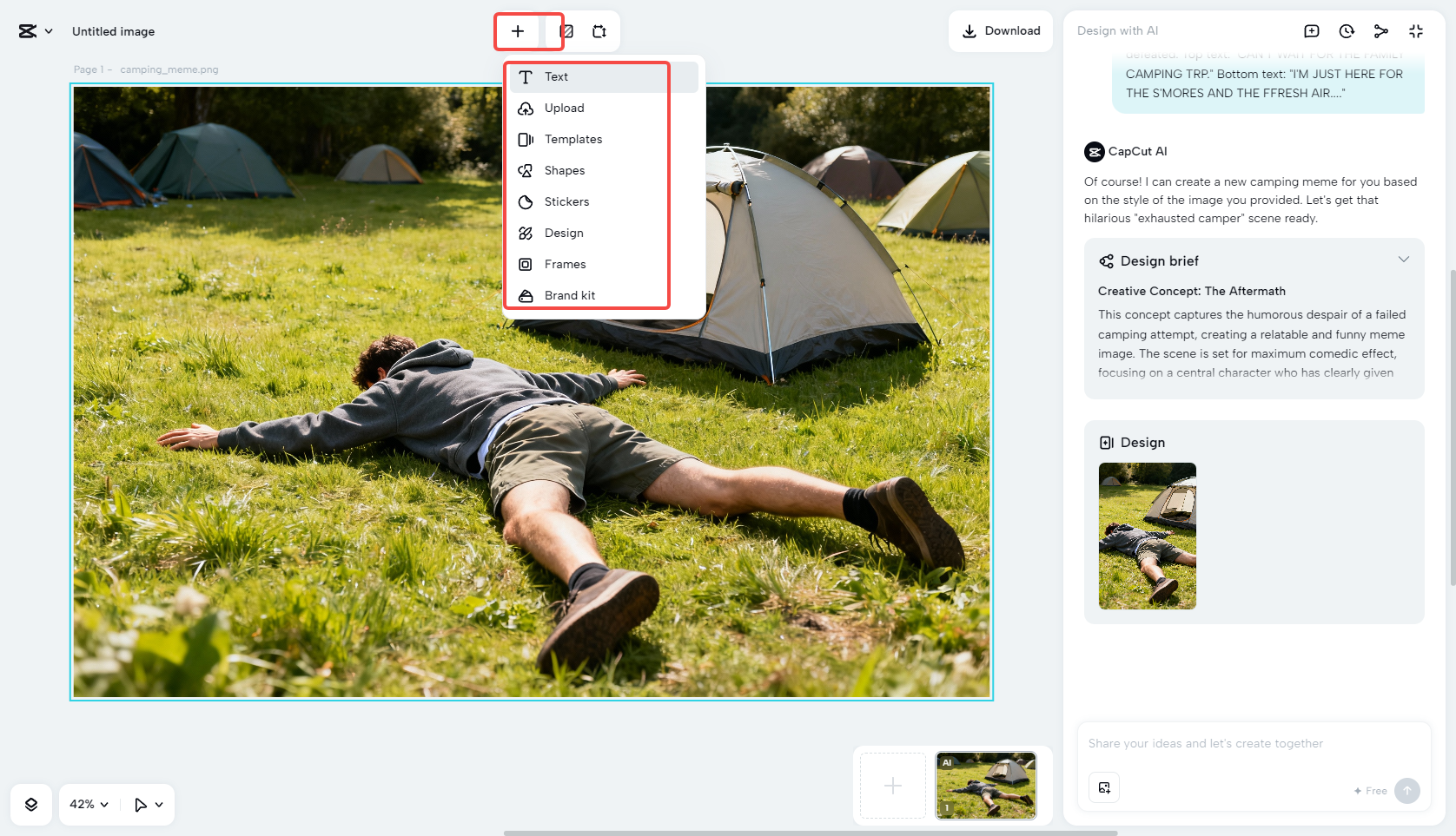 Add text to the camping meme