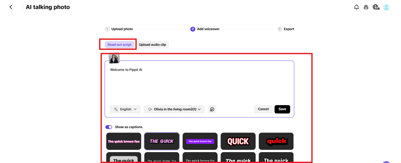 Insira o script, escolha o idioma e adicione a narração.