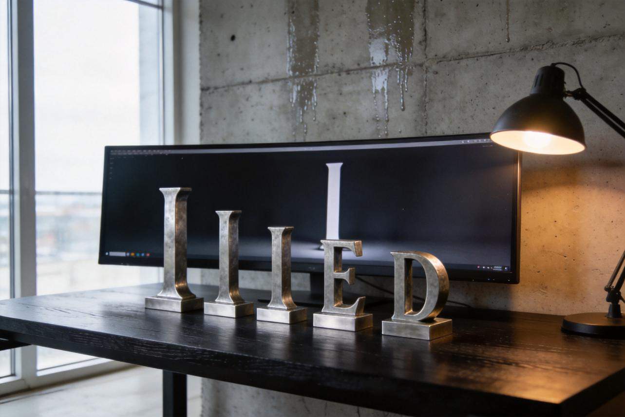 Metal letters on a desk in front of a widescreen monitor and lamp
