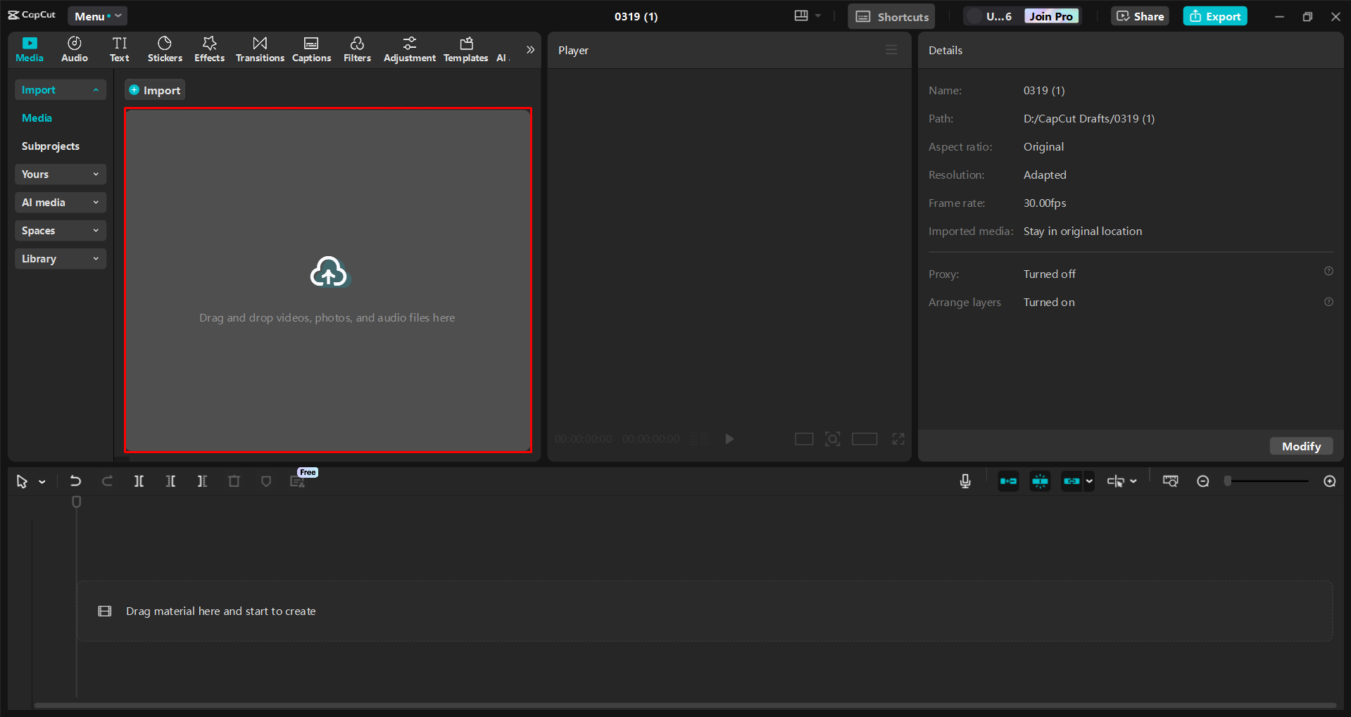 Importing a video into the CapCut desktop video editor