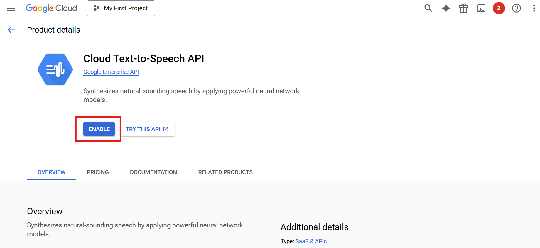 Abilita l'API di Text-to-speech