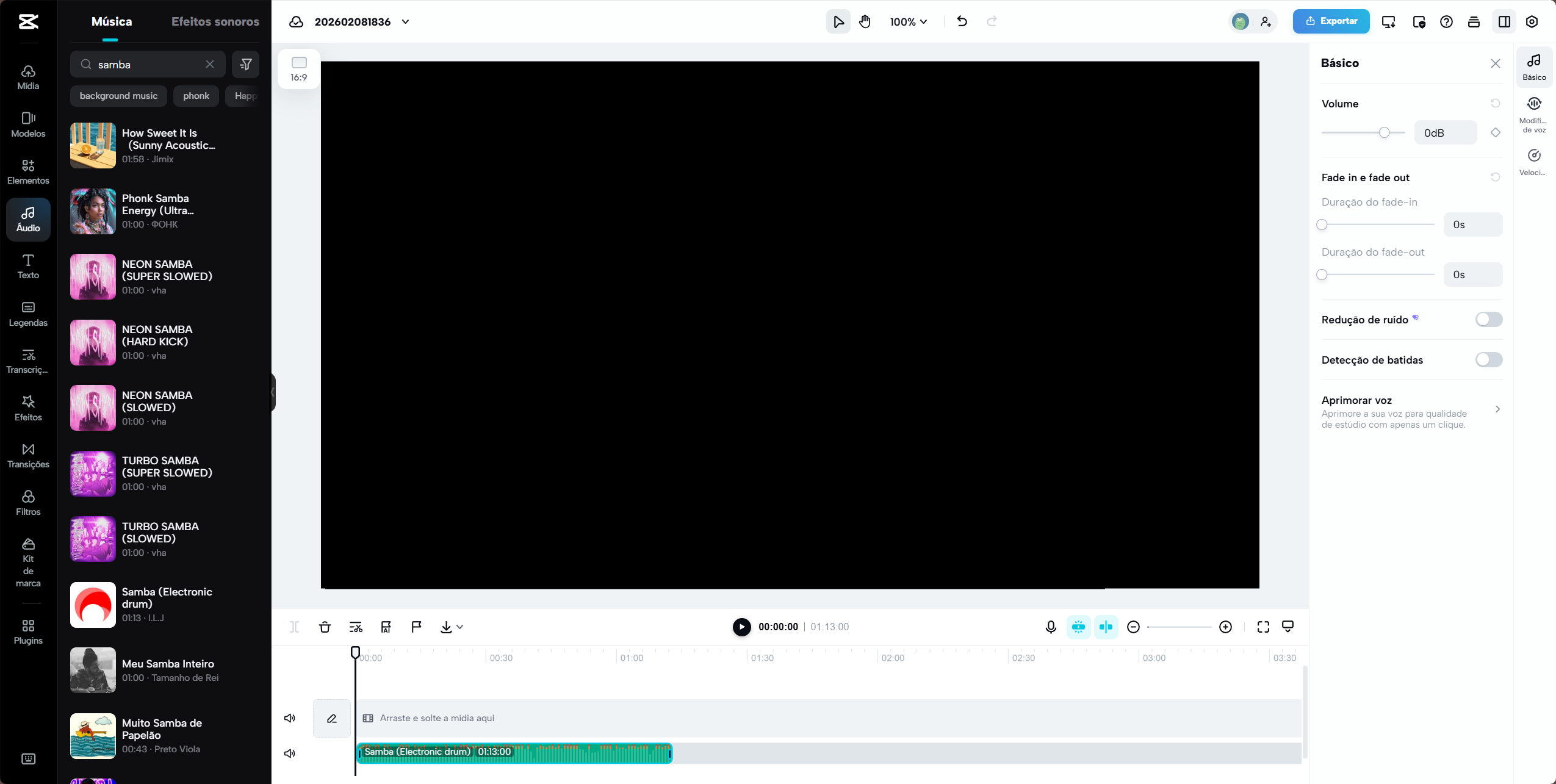 Editor de áudio do CapCut Online mostrando corte, ajuste de volume, velocidade e aplicação de efeitos em uma faixa de áudio.