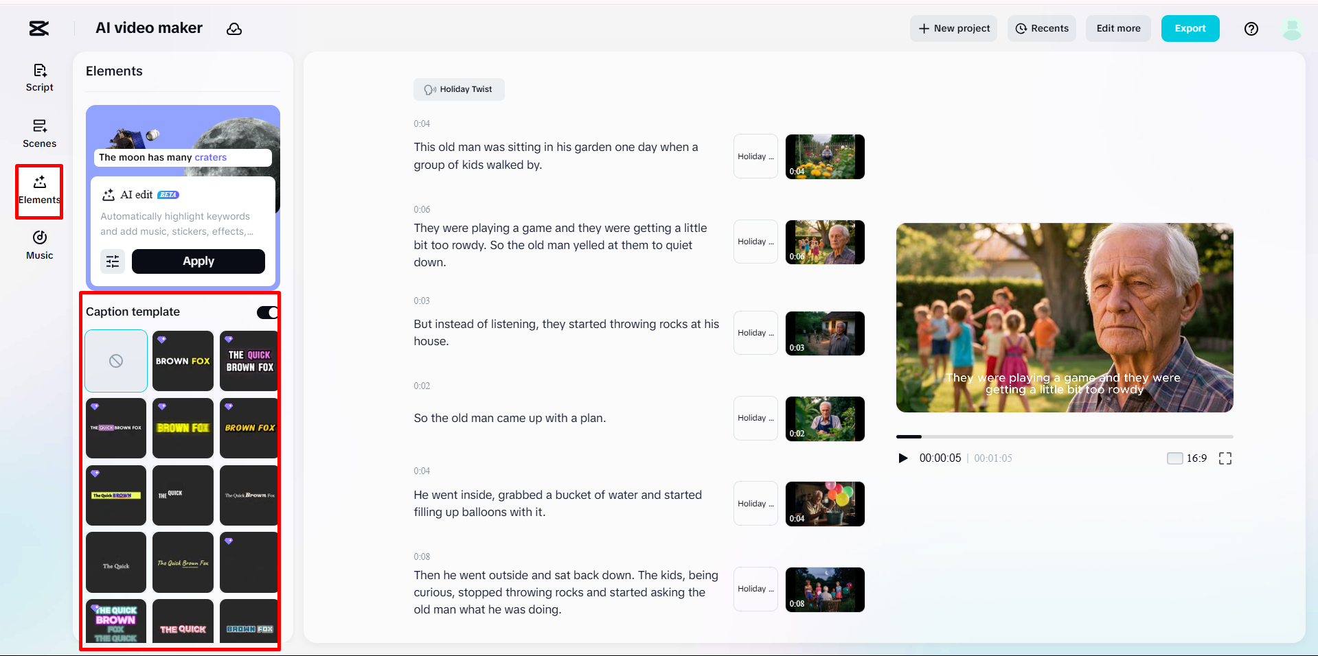 Adding captions to a cartoon video in CapCut's AI video maker