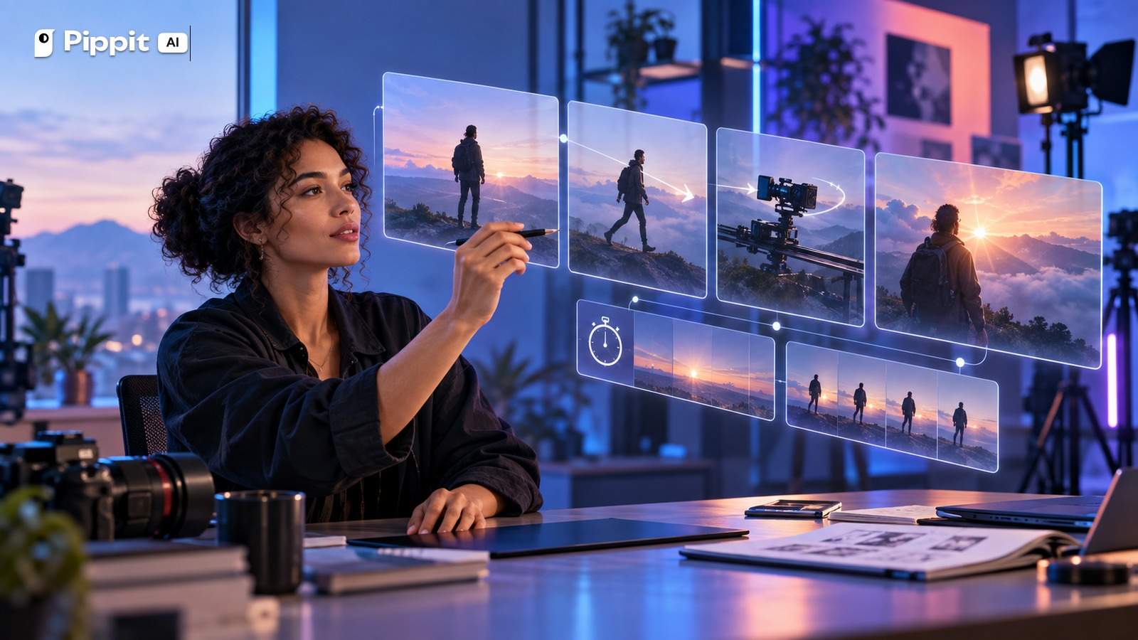 A creator directs a widescreen AI video sequence using subject, motion, camera, light, and sound cues.