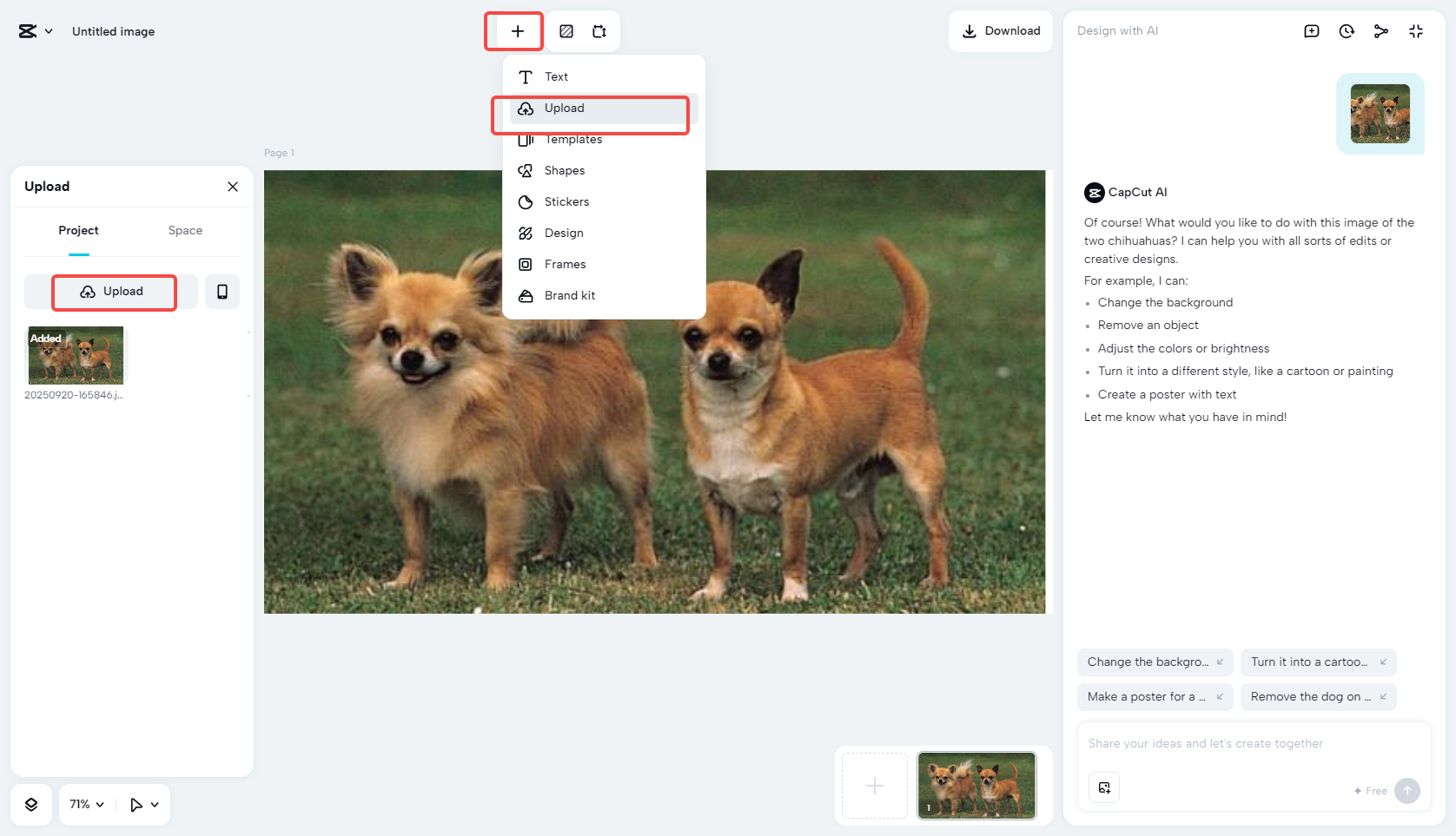 Upload your image to CapCut's AI design tool