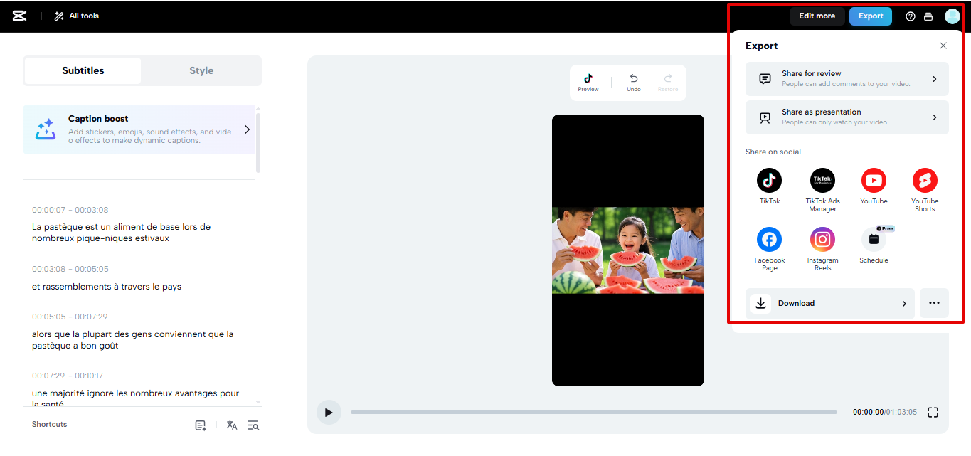 Exporting translated subtitles from CapCut Web