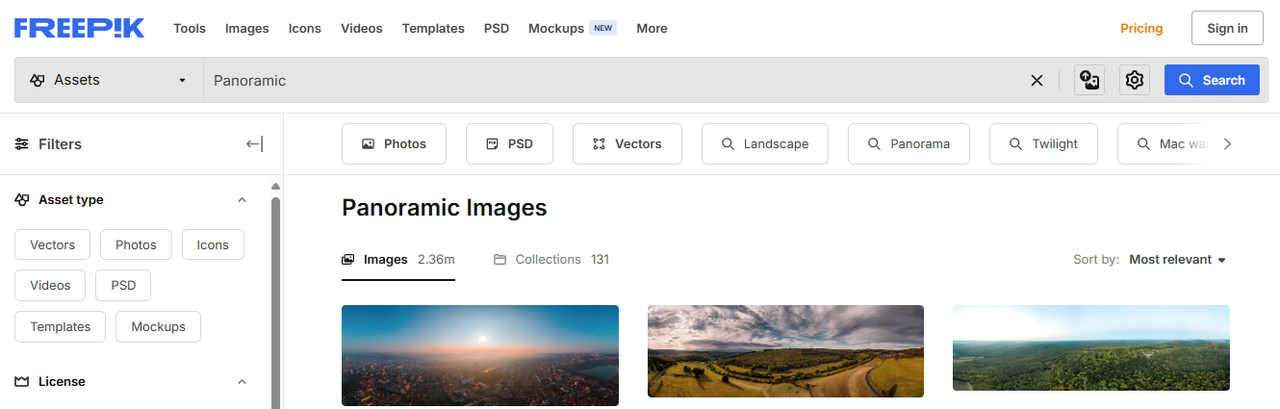 Interface von Freepik - einer vielseitigen Plattform mit einer umfangreichen Bibliothek von Panoramabildern