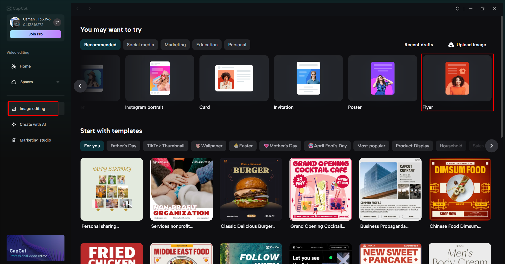 Accessing the flyer tool in the CapCut destkop video editor